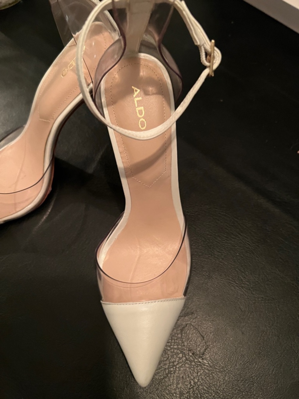 Aldo White Pointed Toe Heels with Clear Panels and Ankle Strap